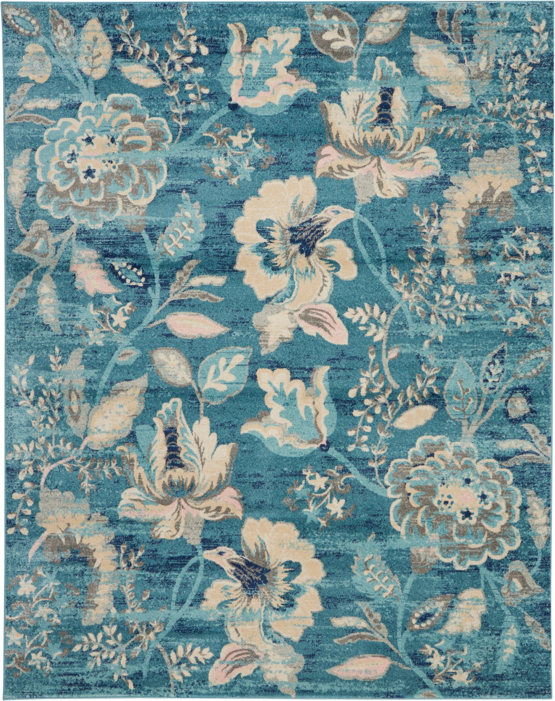 Teal floral area rug with ivory blooms and pale pink accents; rectangular, machine-made woven rug for living spaces.