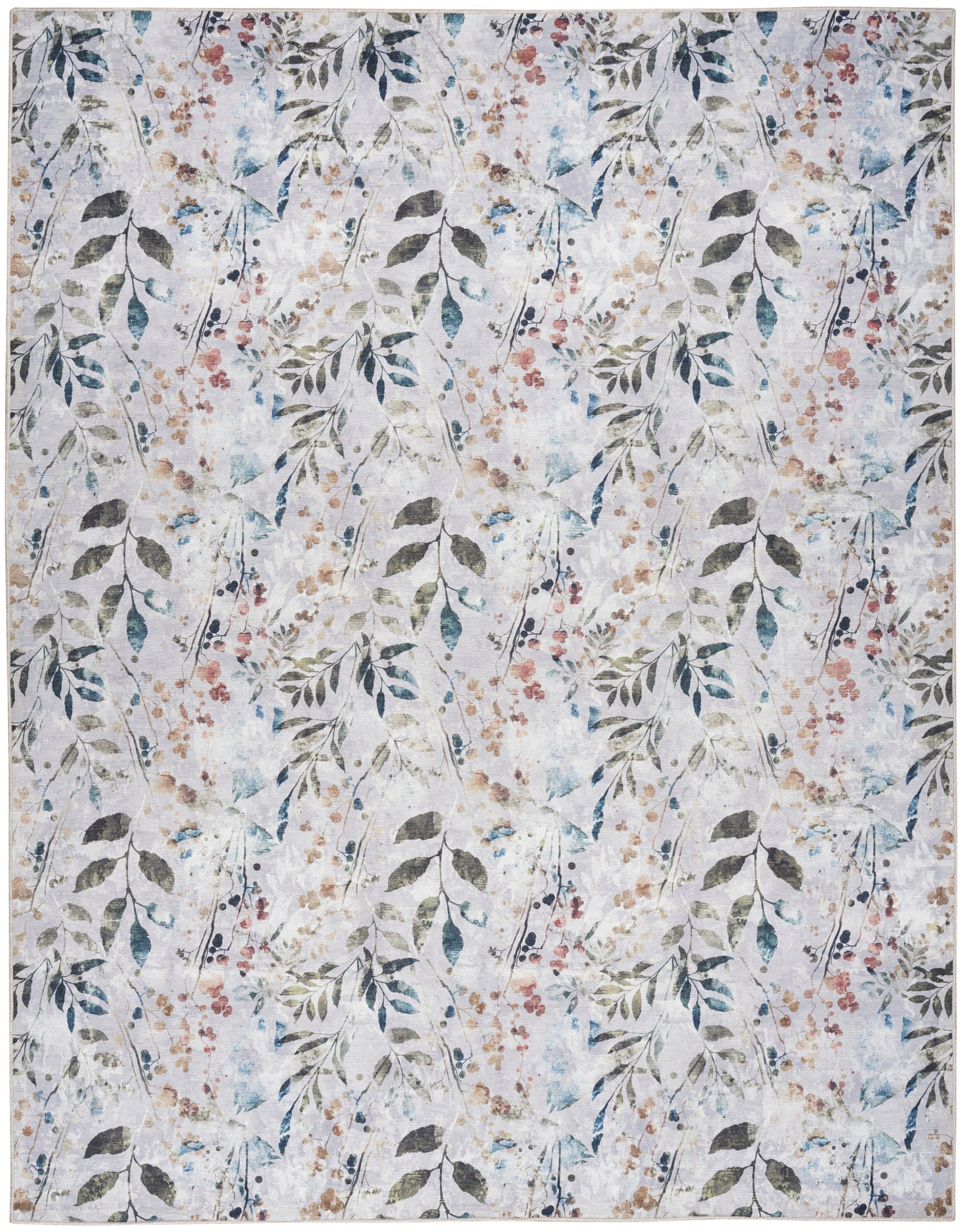 Light gray area rug with repeating botanical vines, blue-green leaves and pastel pink blossoms in a watercolor-inspired pattern.