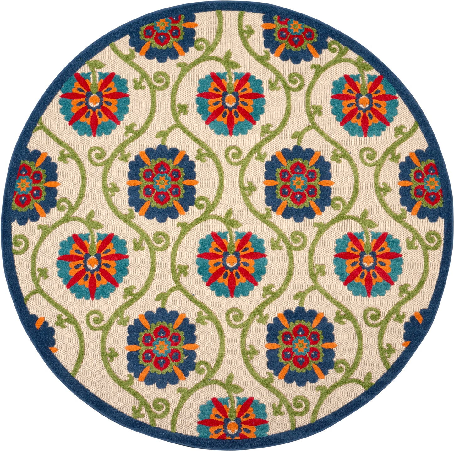 Round rug with cream backdrop, blue edge, teal-green vines and bold red, orange, teal floral medallions.