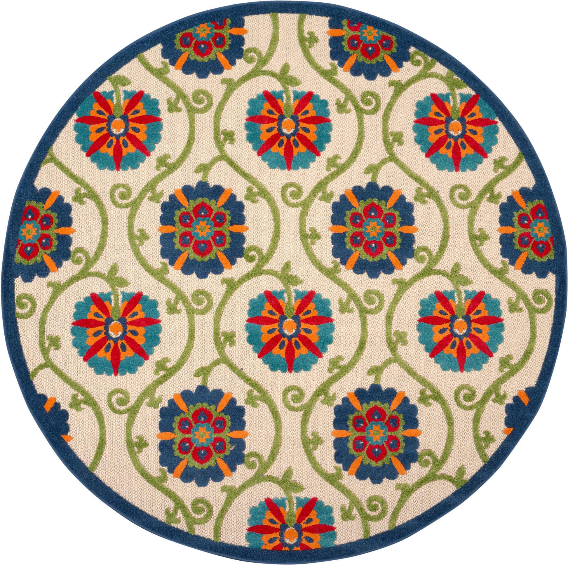 Round rug with cream backdrop, blue edge, teal-green vines and bold red, orange, teal floral medallions.