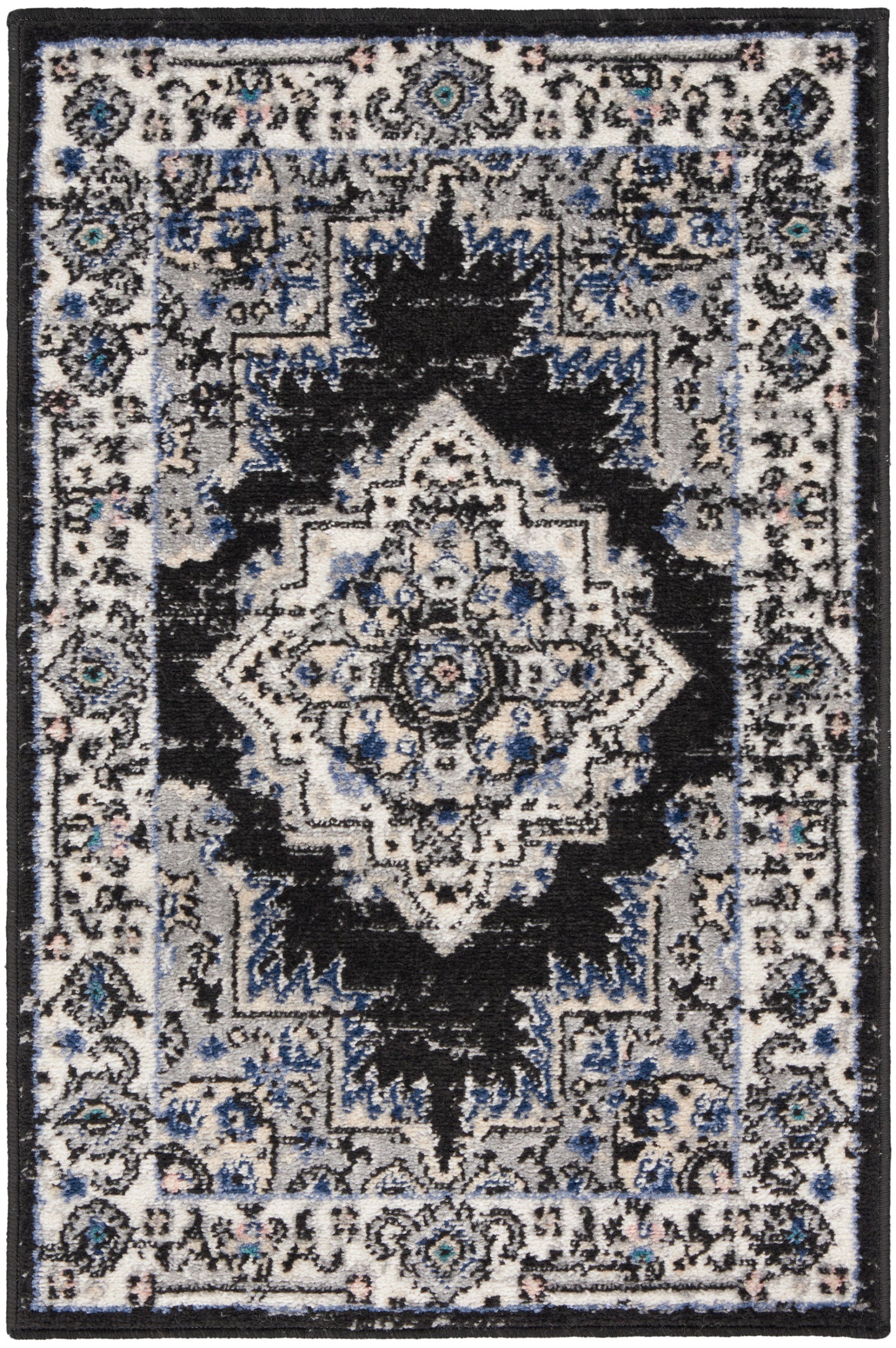 Rectangular Persian-style area rug with a central ivory medallion, black/gray field, blue accents and ornate border.