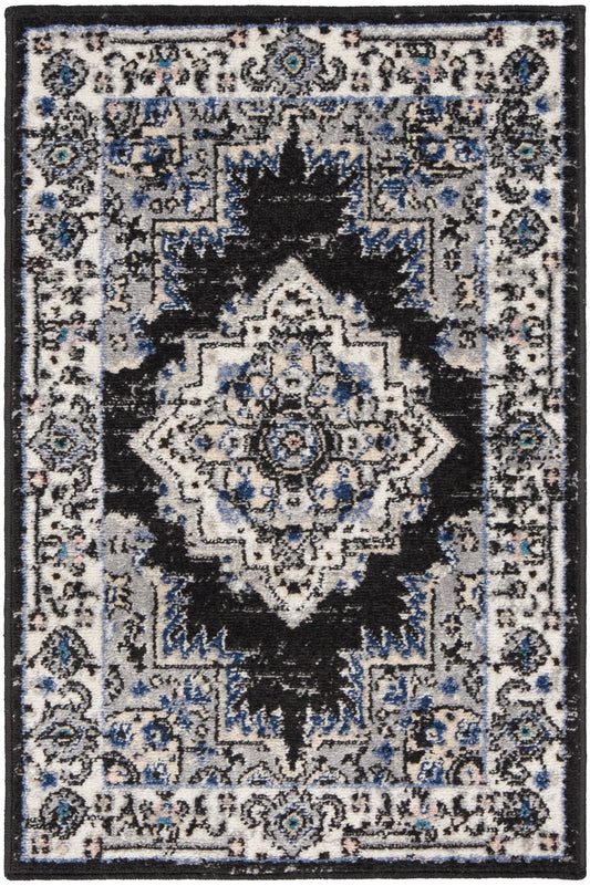 Rectangular Persian-style area rug with a central ivory medallion, black/gray field, blue accents and ornate border.