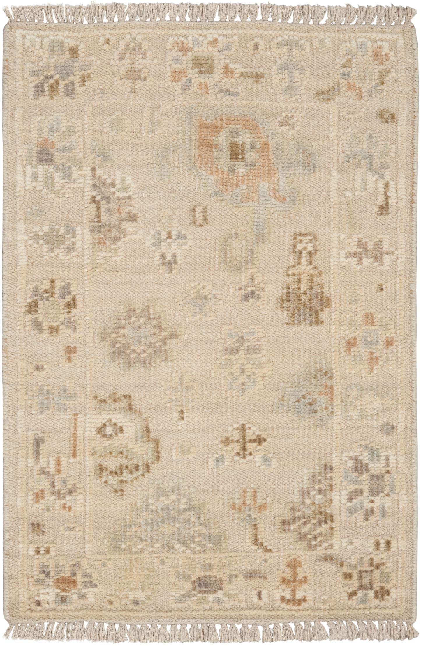 Cream-beige rectangular rug with subtle floral and geometric motifs in pale blue, taupe and tan; fringed ends.