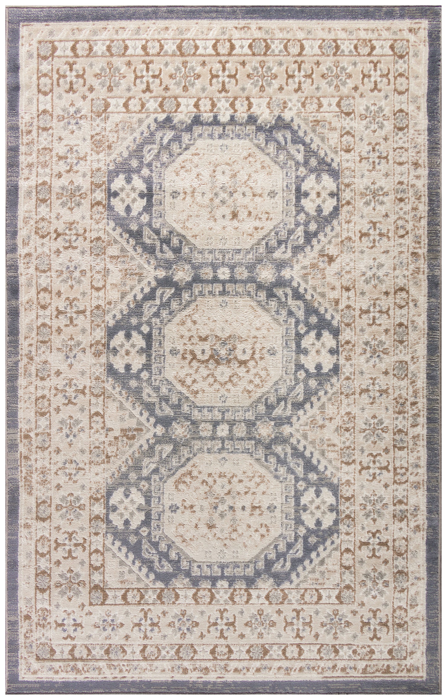Rectangular vintage-style area rug in beige, ivory and blue with three connected octagonal medallions and ornate floral border.