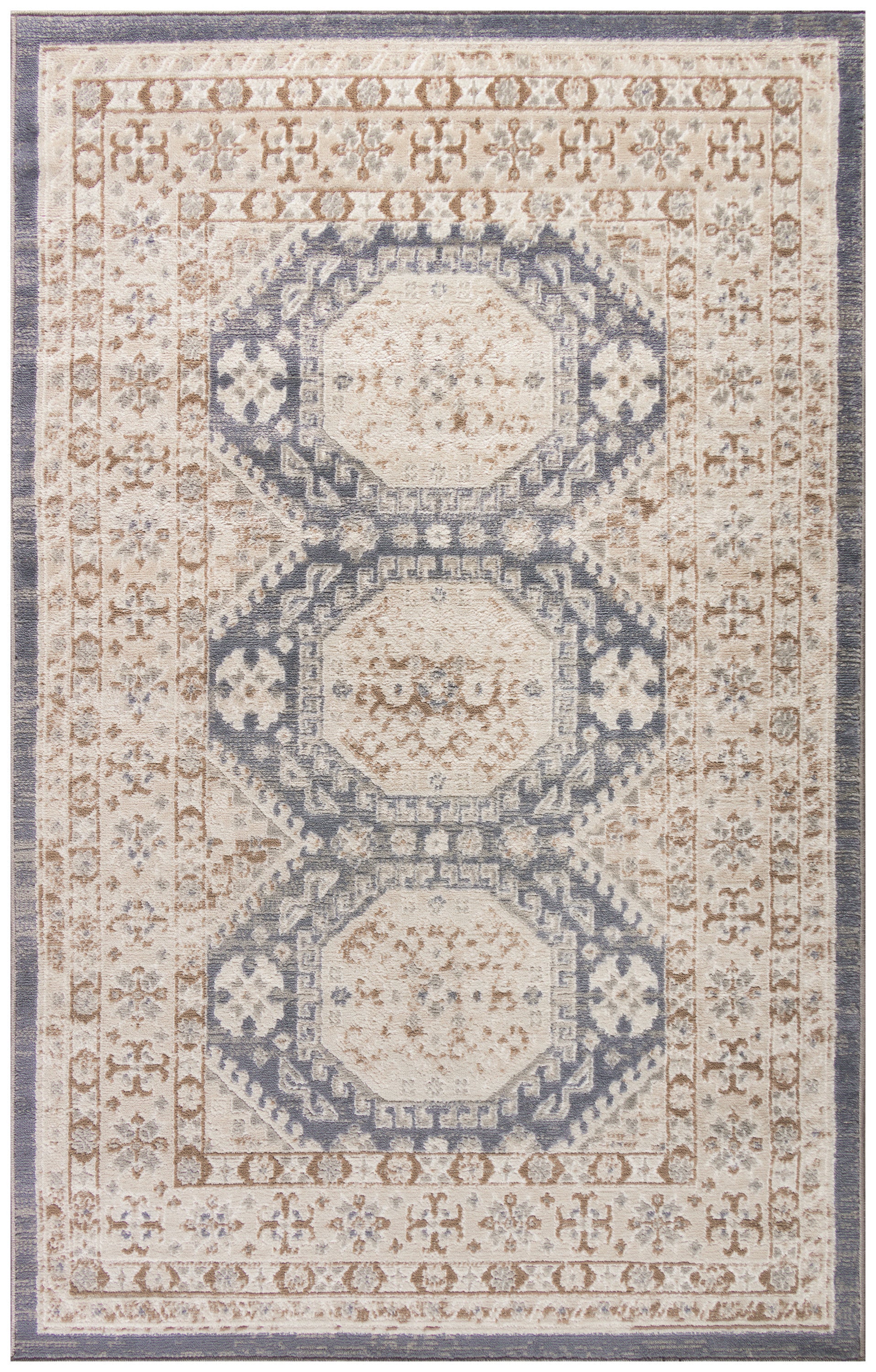 Rectangular vintage-style area rug in beige, ivory and blue with three connected octagonal medallions and ornate floral border.