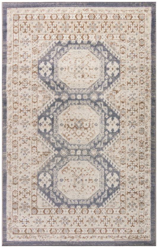 Rectangular vintage-style area rug in beige, ivory and blue with three connected octagonal medallions and ornate floral border.