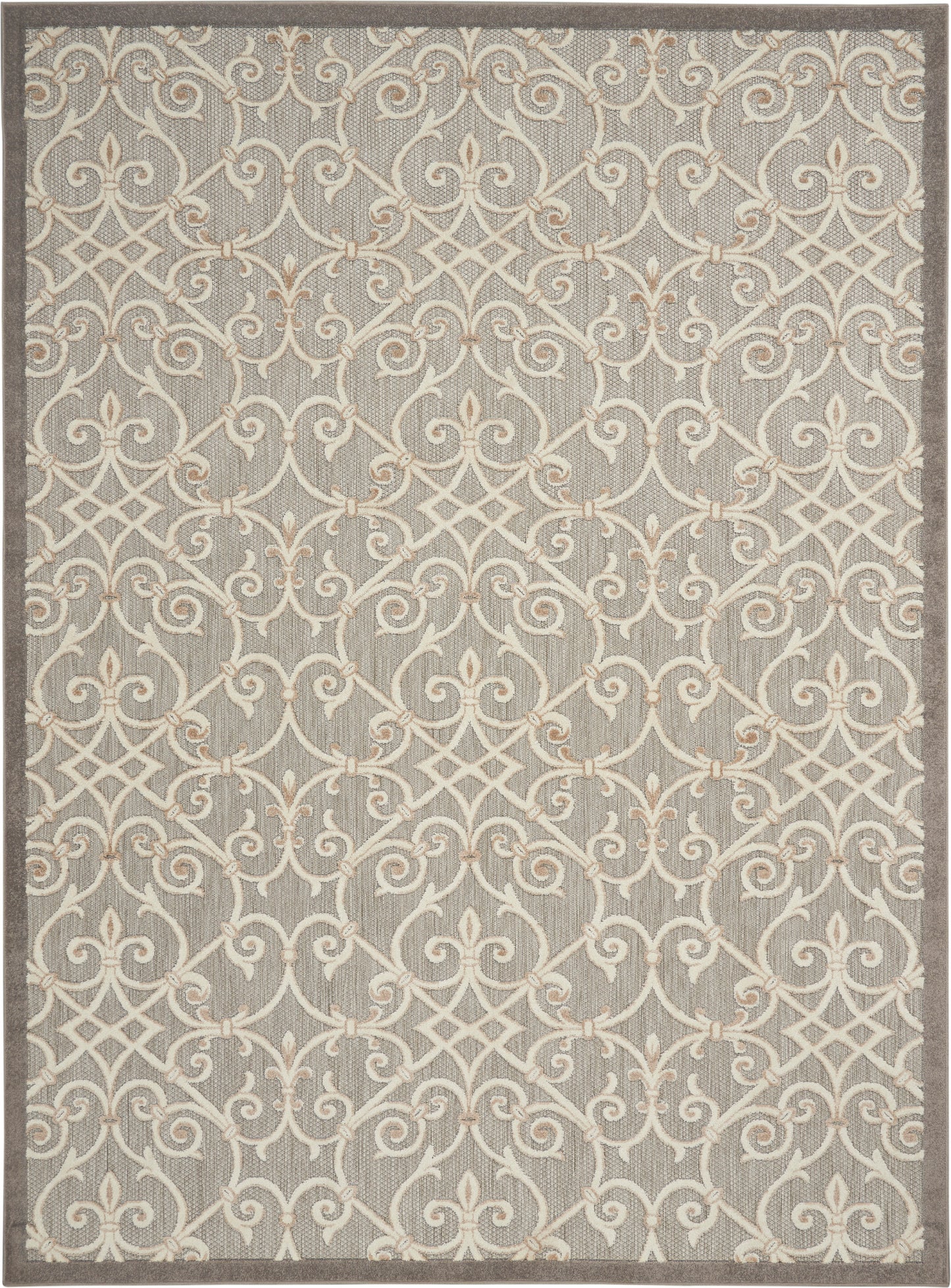 Neutral gray area rug with cream ivory scrollwork and lattice pattern, finished with a darker border.