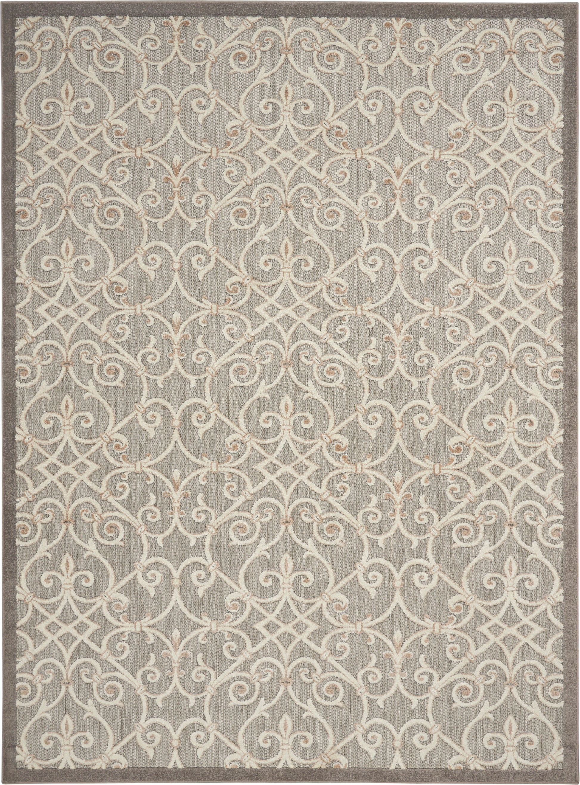 Neutral gray area rug with cream ivory scrollwork and lattice pattern, finished with a darker border.