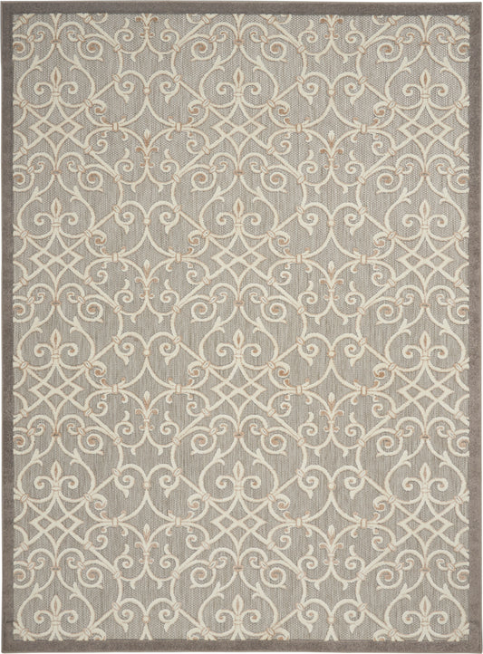 Neutral gray area rug with cream ivory scrollwork and lattice pattern, finished with a darker border.