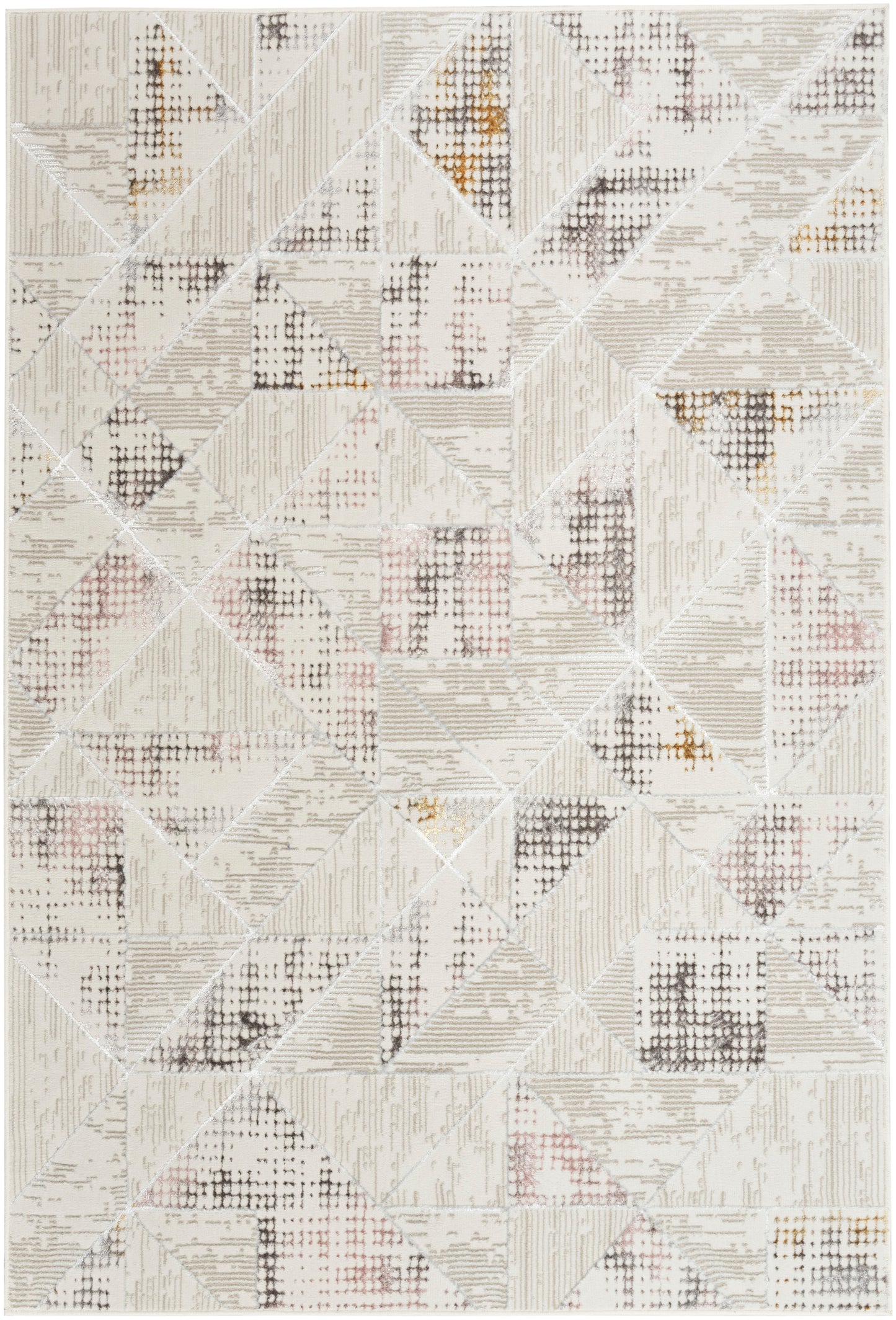 Rectangular cream geometric area rug with beige, taupe, and light brown patchwork triangles.