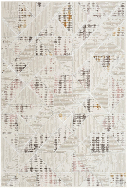 Rectangular cream geometric area rug with beige, taupe, and light brown patchwork triangles.