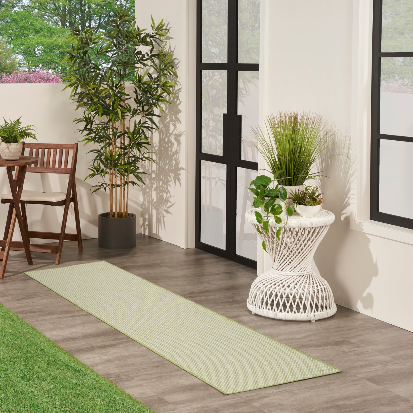 Light green runner rug on a wood floor beside potted plants, white wicker plant stand, and black-framed glass doors.