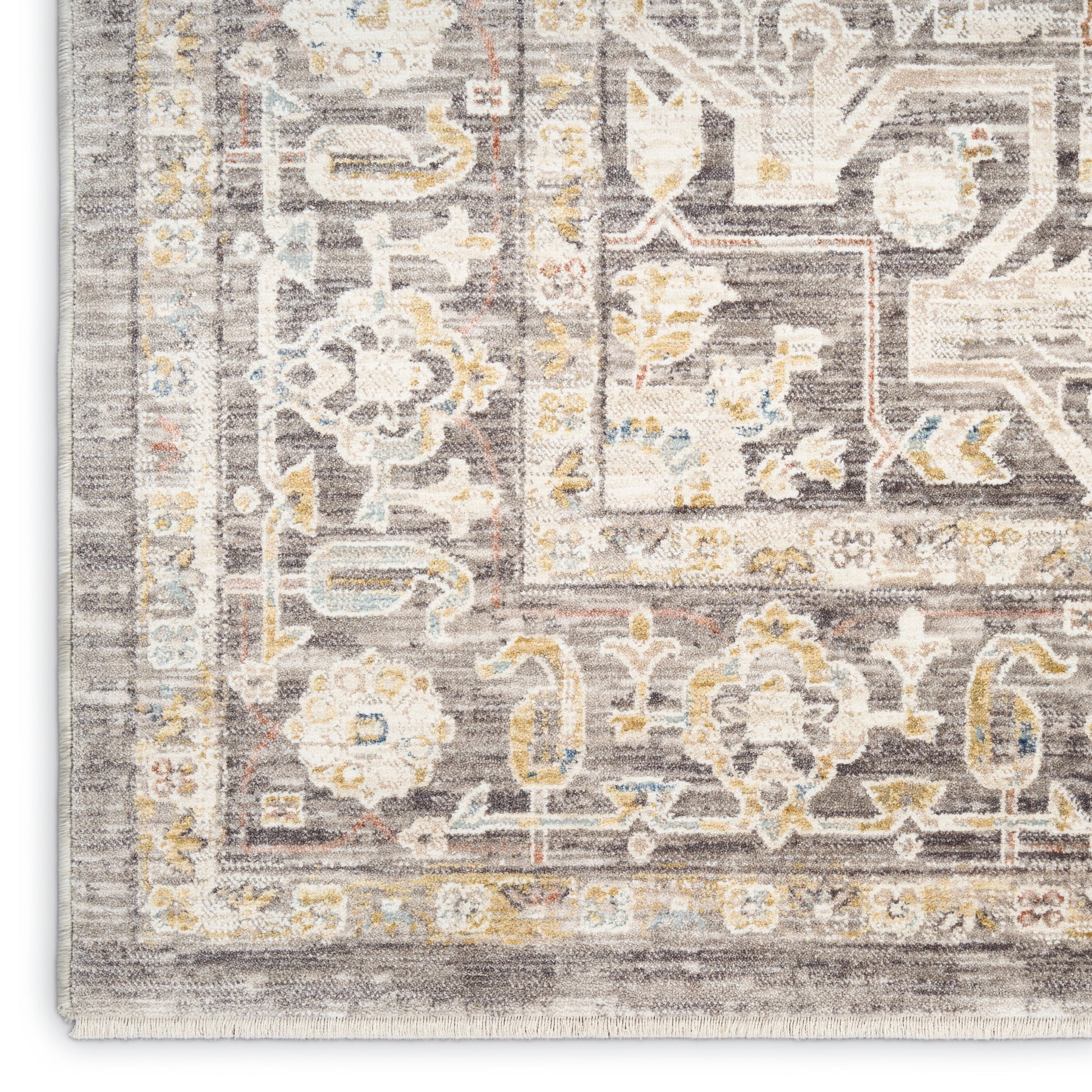 Rectangular distressed oriental runner rug in gray, ivory, pale blue and gold tones with floral border and medallion pattern