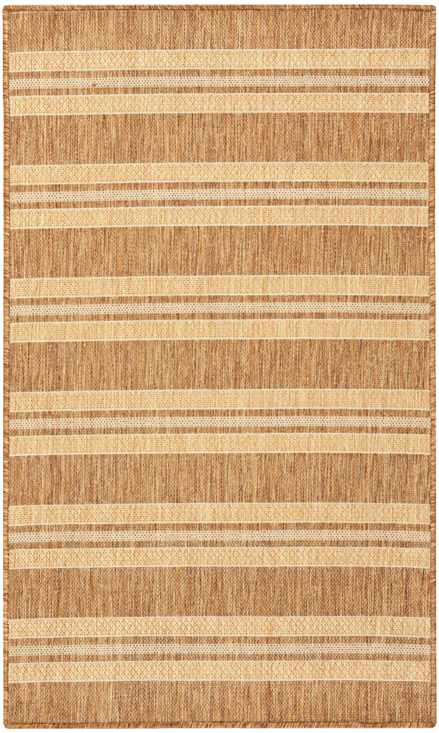 Rectangular natural jute rug with beige and brown horizontal stripes and woven texture.