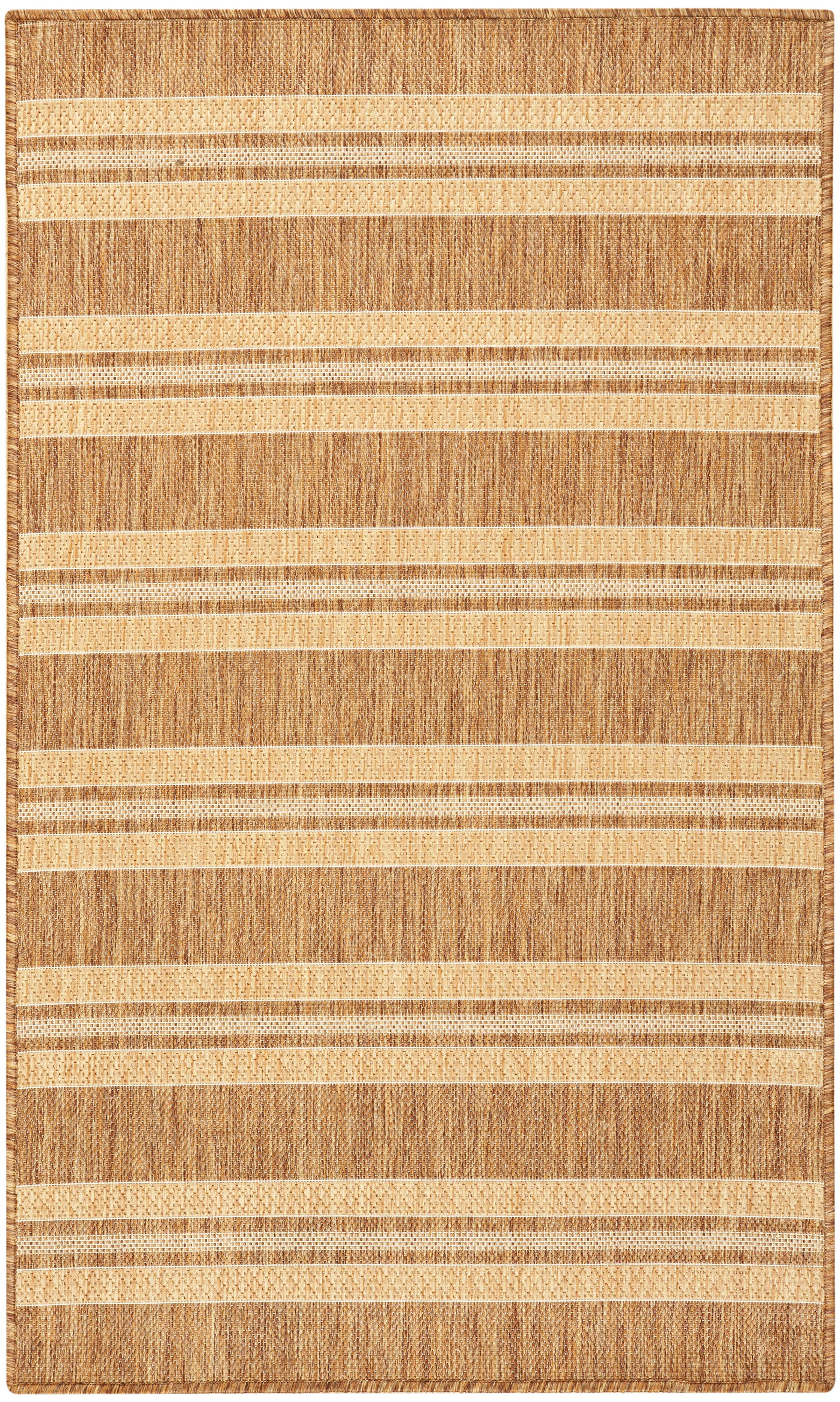 Rectangular natural jute rug with beige and brown horizontal stripes and woven texture.
