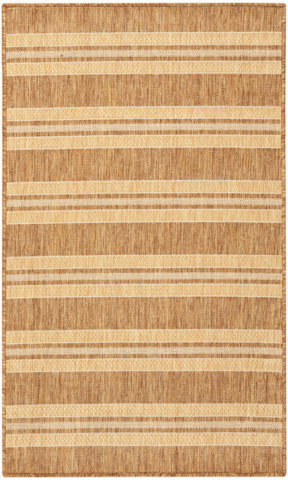 Rectangular natural jute rug with beige and brown horizontal stripes and woven texture.