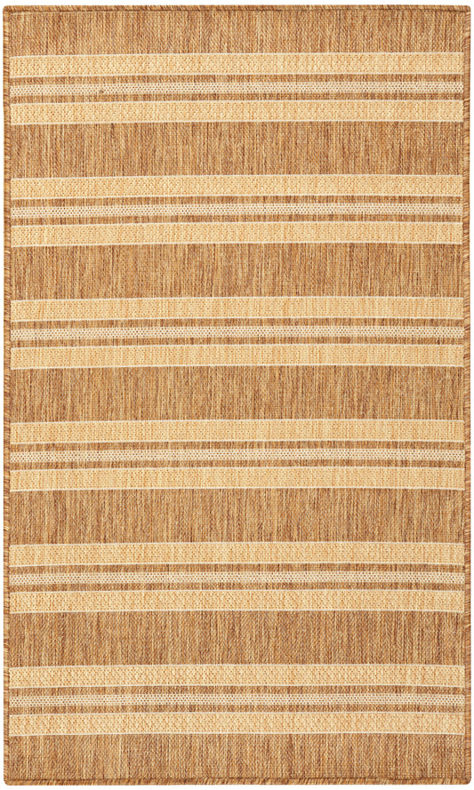 Rectangular natural jute rug with beige and brown horizontal stripes and woven texture.