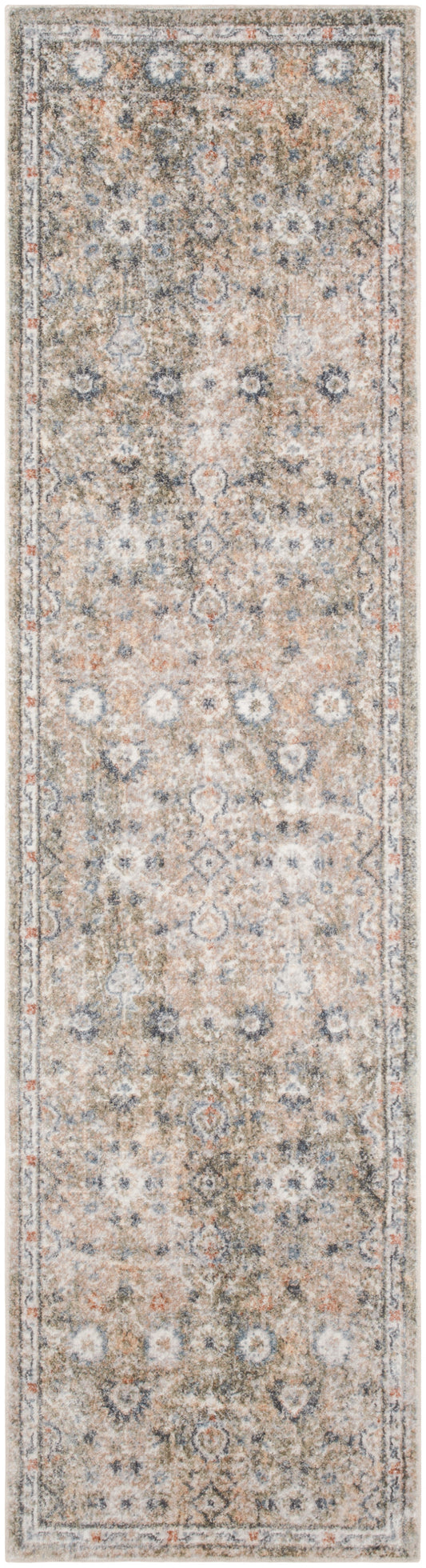 Persian-style runner rug with beige field, blue & ivory floral medallions, framed by an intricate border.