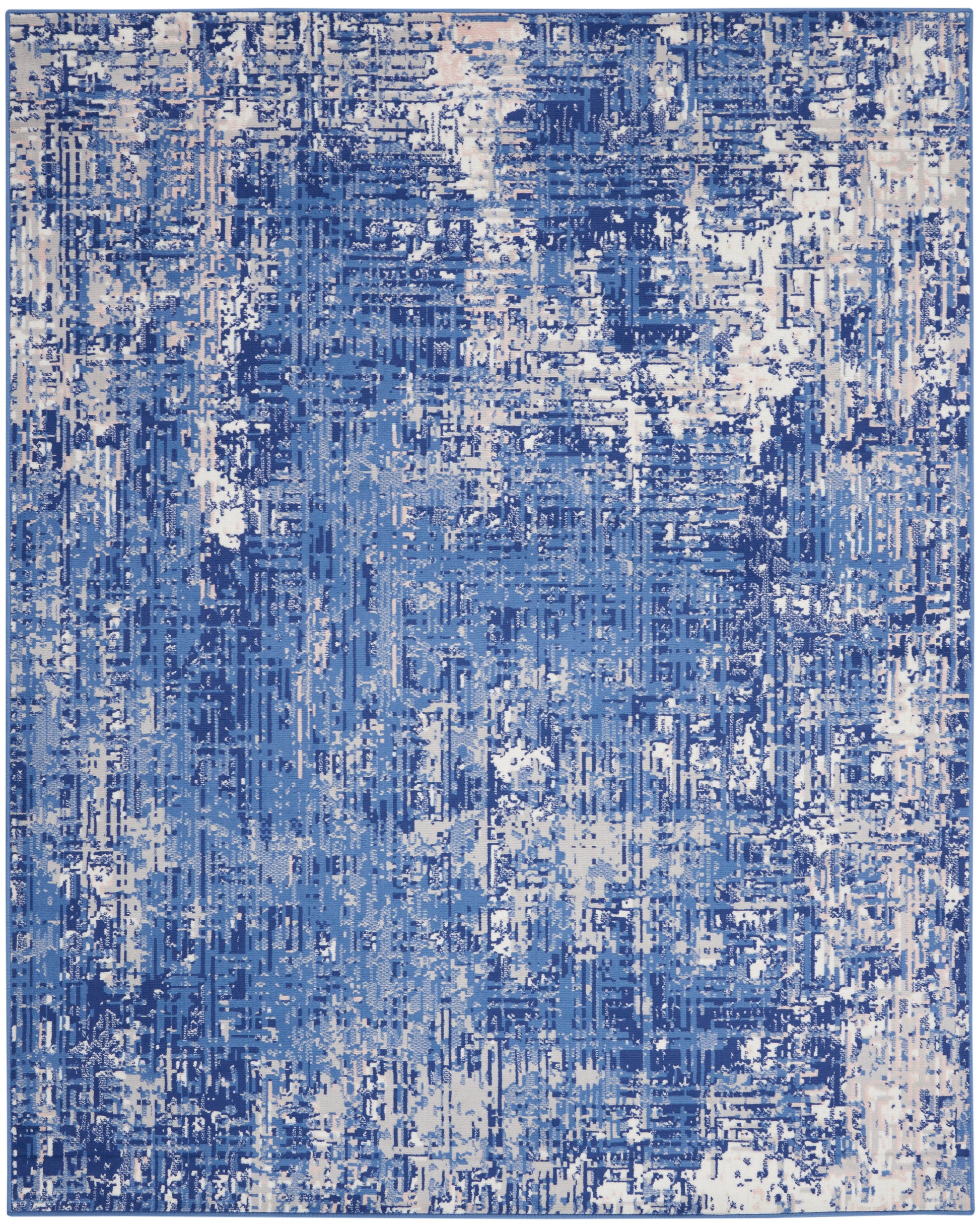 Blue abstract distressed rug with ivory specks; rectangular, modern style for living room or bedroom.