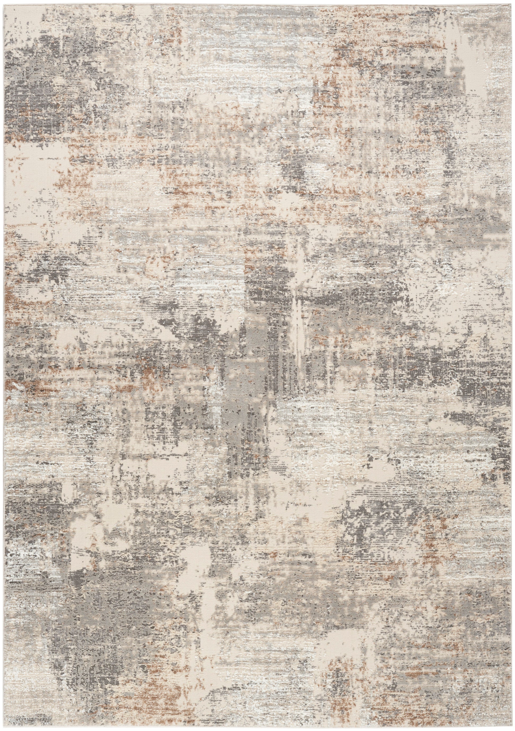 Abstract distressed rug in beige, gray and warm taupe tones with painterly, vintage-style texture.