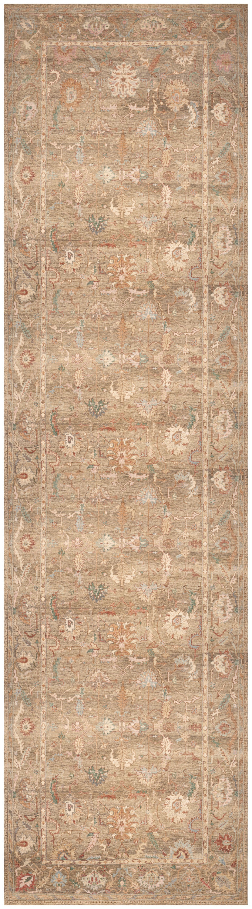 Beige oriental runner rug with delicate antique floral motifs and a light border in muted taupe and ivory tones.
