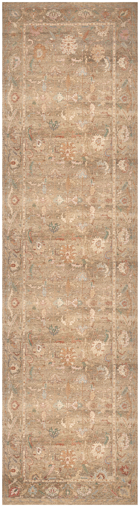 Beige oriental runner rug with delicate antique floral motifs and a light border in muted taupe and ivory tones.