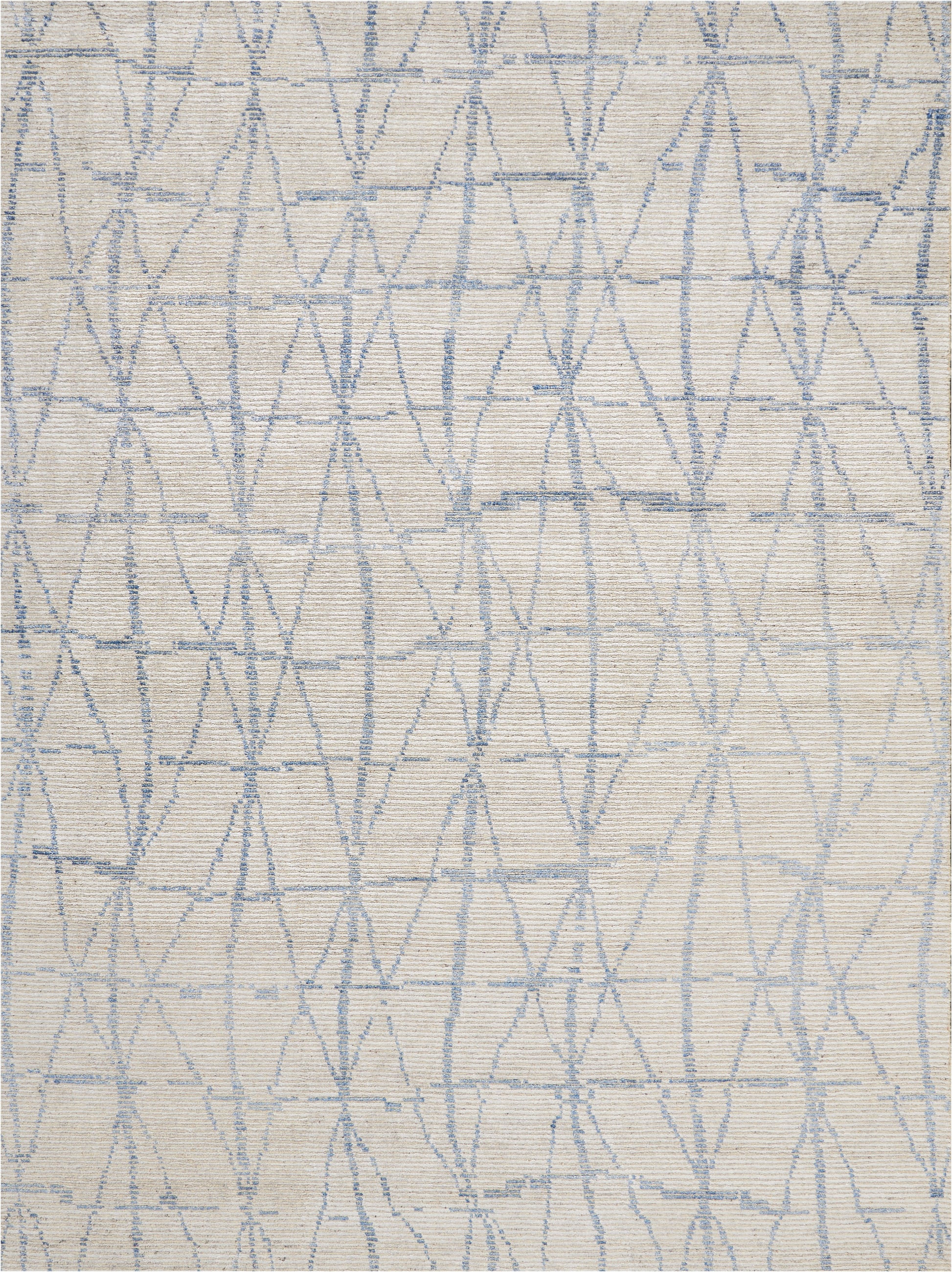Beige linen-like rug with a pale blue geometric lattice pattern of diamonds and elongated shapes.