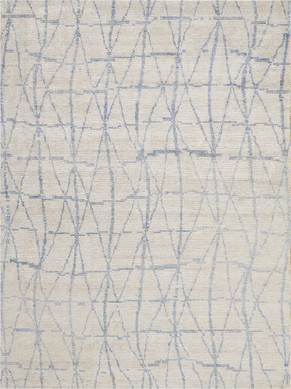 Beige linen-like rug with a pale blue geometric lattice pattern of diamonds and elongated shapes.
