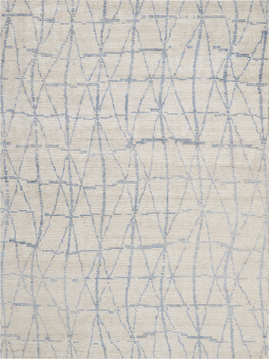 Beige linen-like rug with a pale blue geometric lattice pattern of diamonds and elongated shapes.