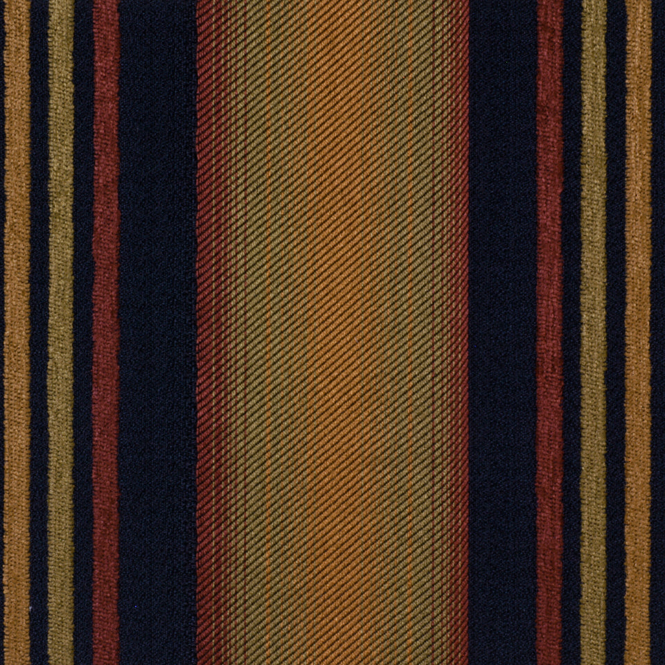 Striped upholstery fabric with navy blue, gold, rust and taupe stripes and a wide tan diagonal center stripe.