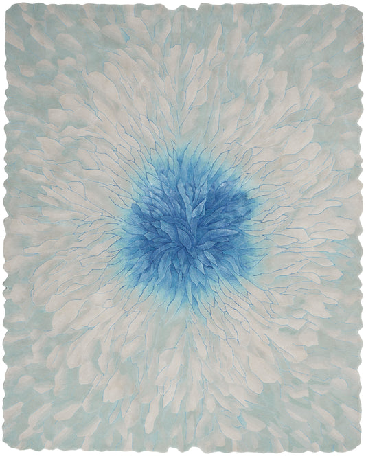 Teal watercolor floral burst rug; blue center radiates lighter petals; deckled edges; abstract rug design.