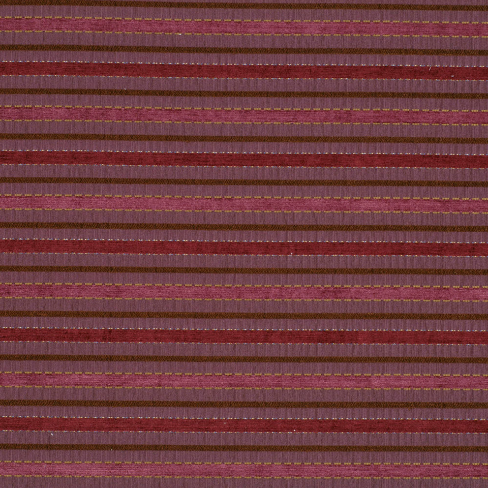 Horizontal striped woven fabric in brown, burgundy and pink with thin gold thread accents.