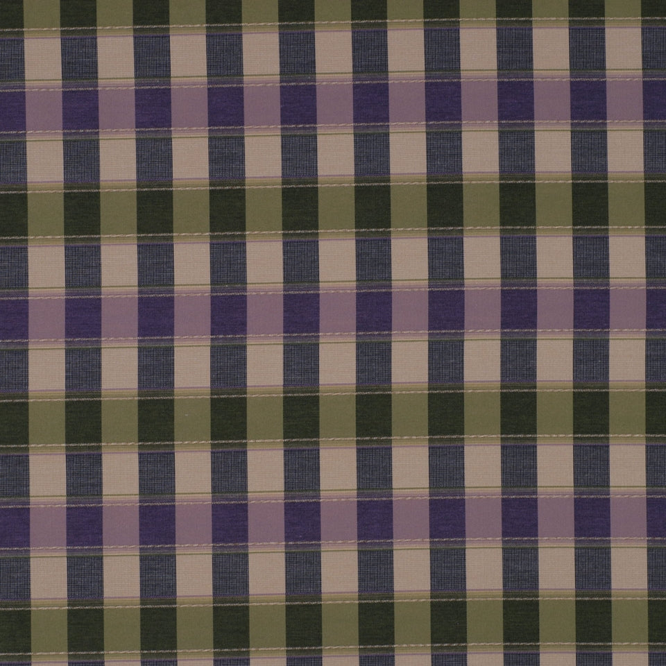 Plum plaid gingham upholstery fabric with a beige base; woven check pattern.