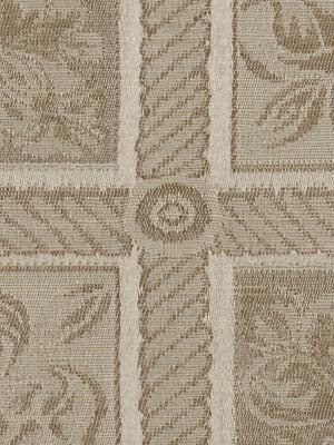 Beige & cream woven upholstery fabric with rope-like cross motif, circular center detail, & damask floral panels.