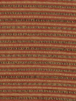Red and beige striped woven upholstery fabric with small black motifs.