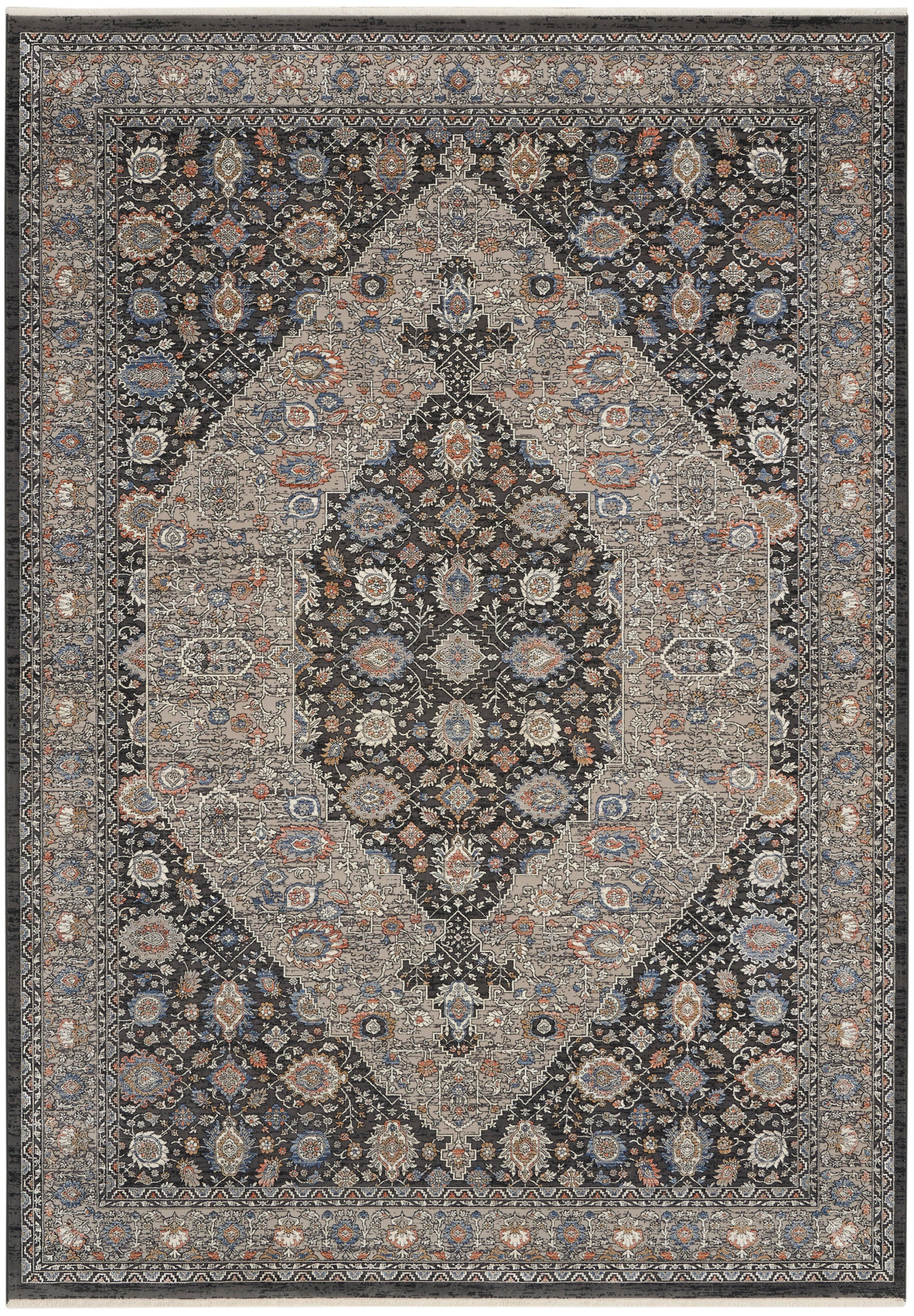 Traditional Persian-style rug with ivory center and dark navy field, blue, rust and beige floral medallions; ornate multi-border frame.