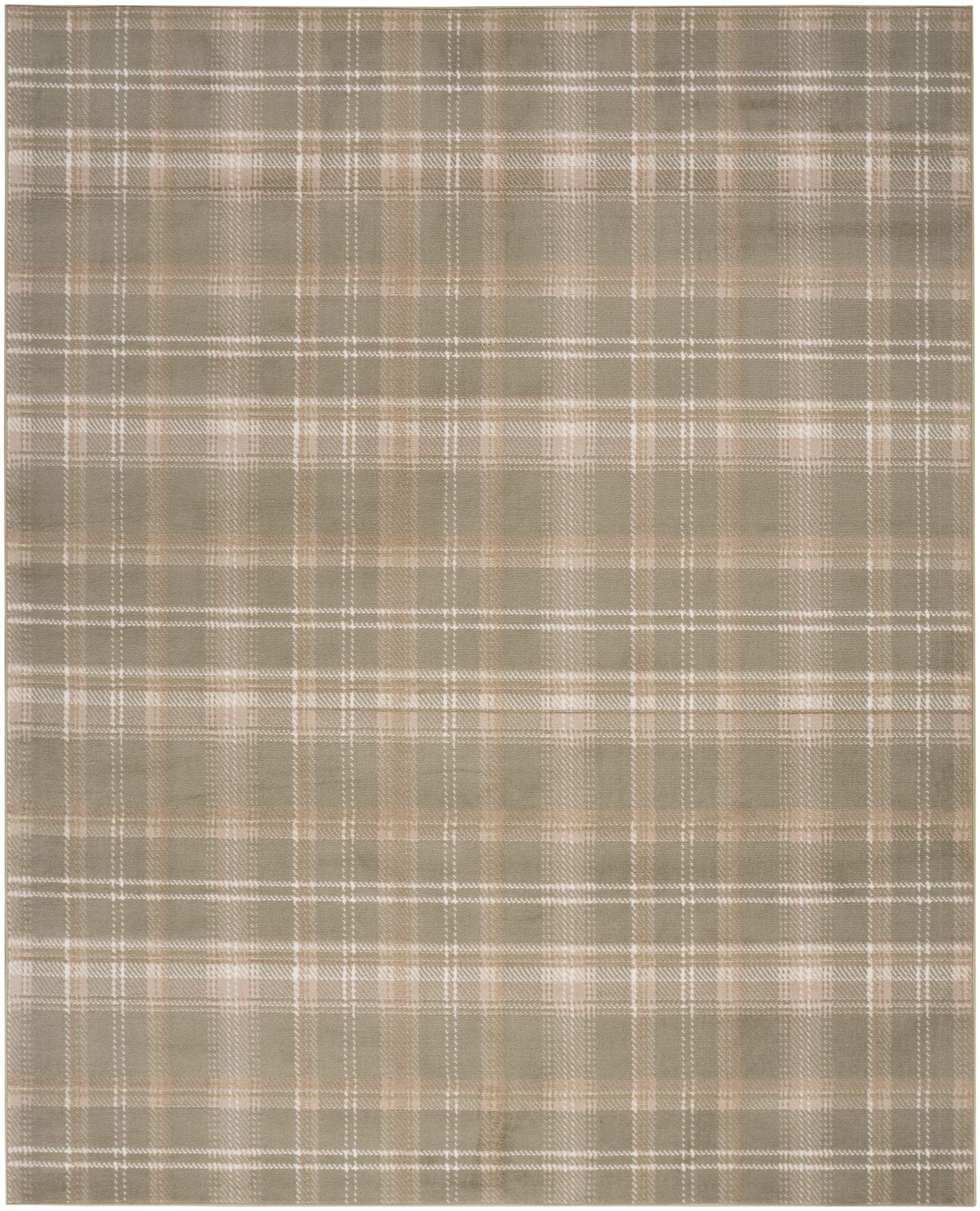Neutral beige and taupe plaid rug with thin white lines; 4' x 6' woven rug.