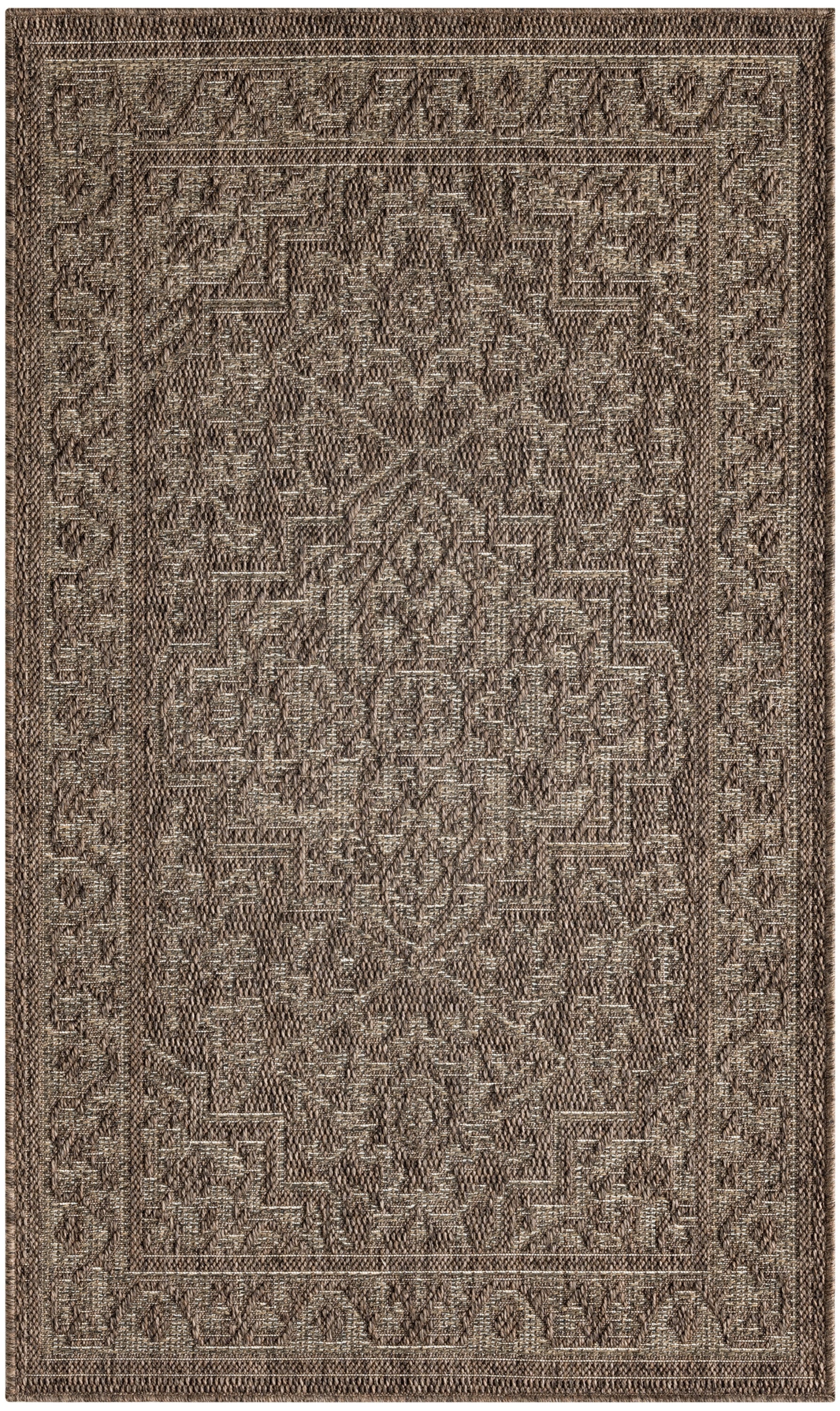Brown-toned oriental-style area rug with intricate geometric and floral motifs, woven texture, bordered rectangular shape.