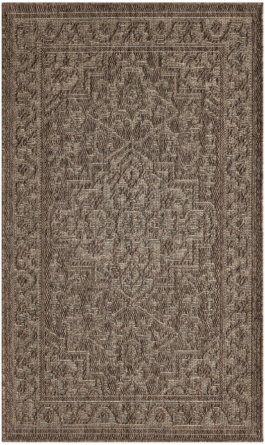 Brown-toned oriental-style area rug with intricate geometric and floral motifs, woven texture, bordered rectangular shape.