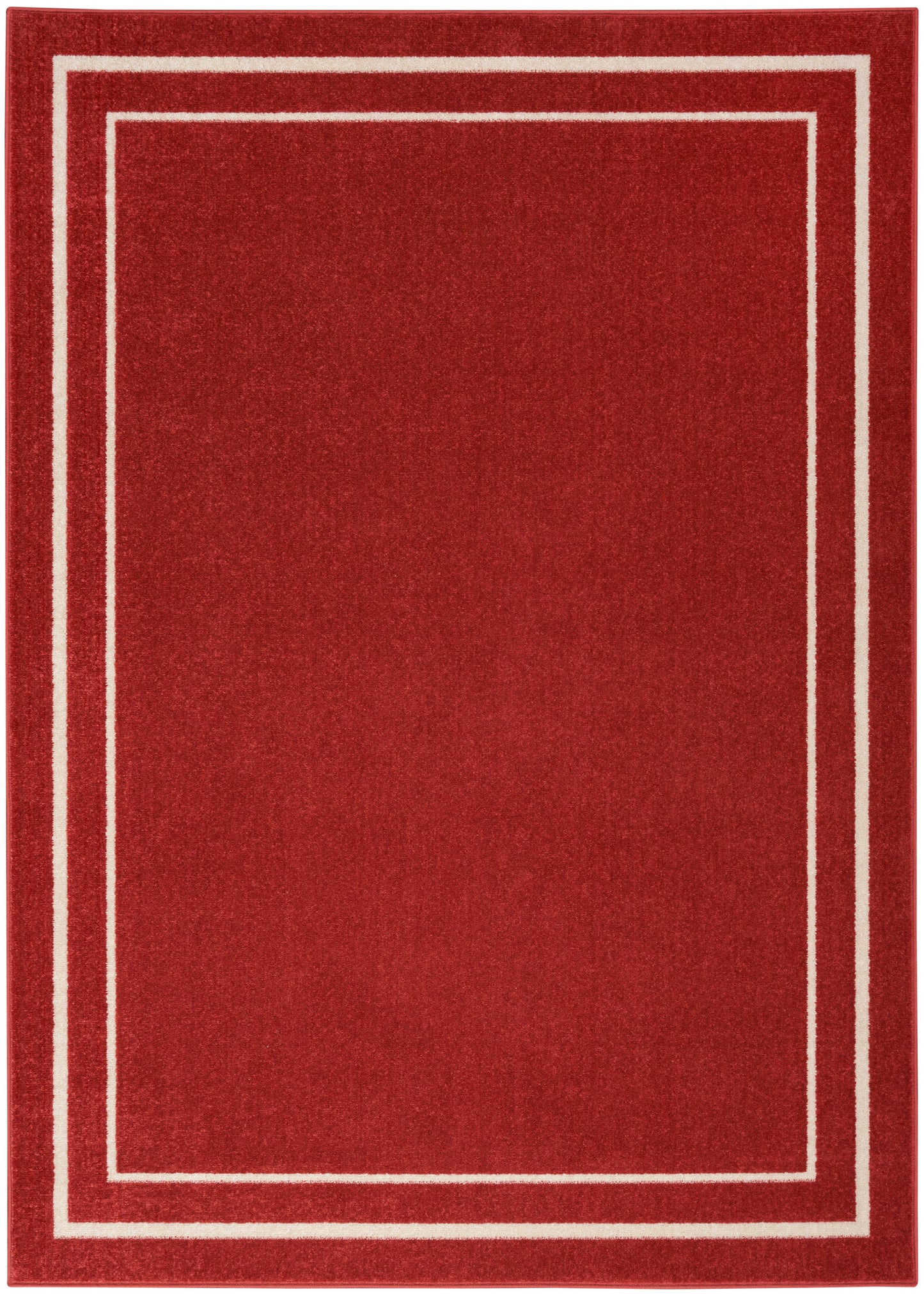 Red area rug with white nested borders and soft textured pile, geometric border design.