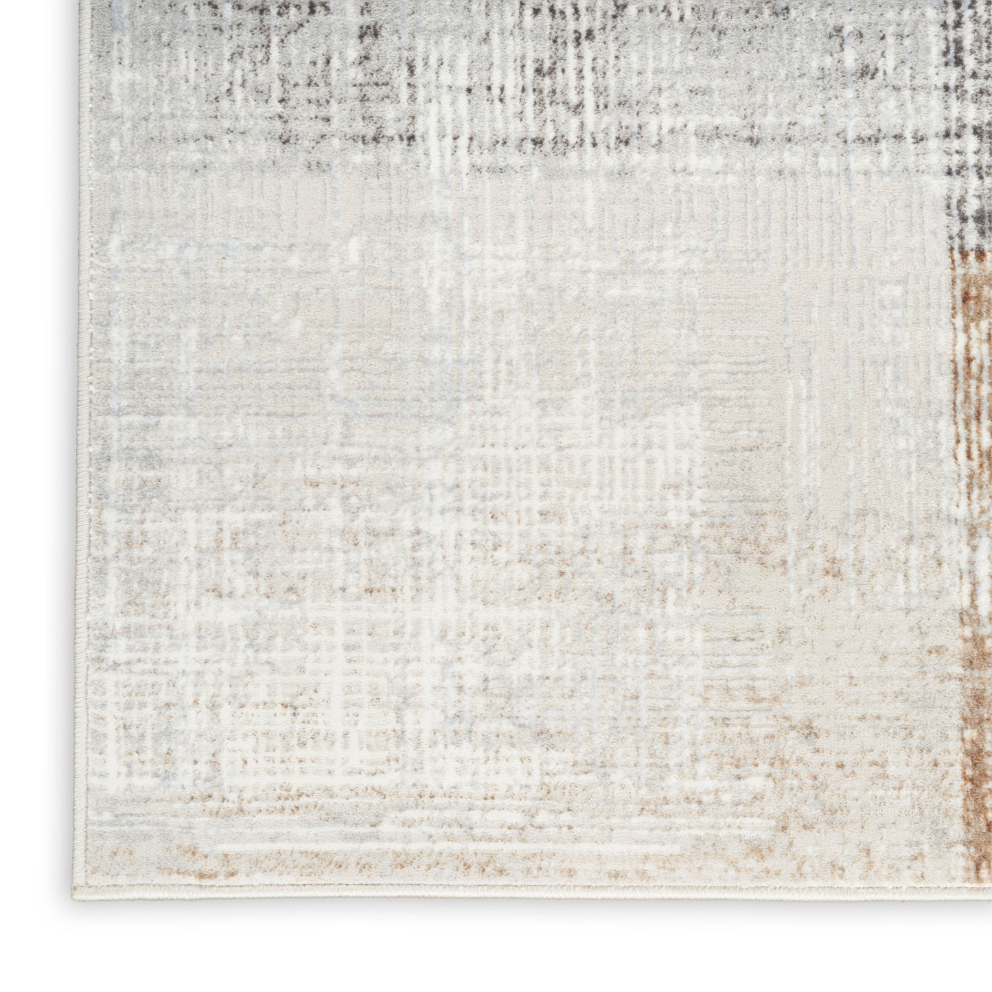 Ivory distressed runner rug with subtle gray-beige tones and faint abstract pattern; rectangular, soft pile.