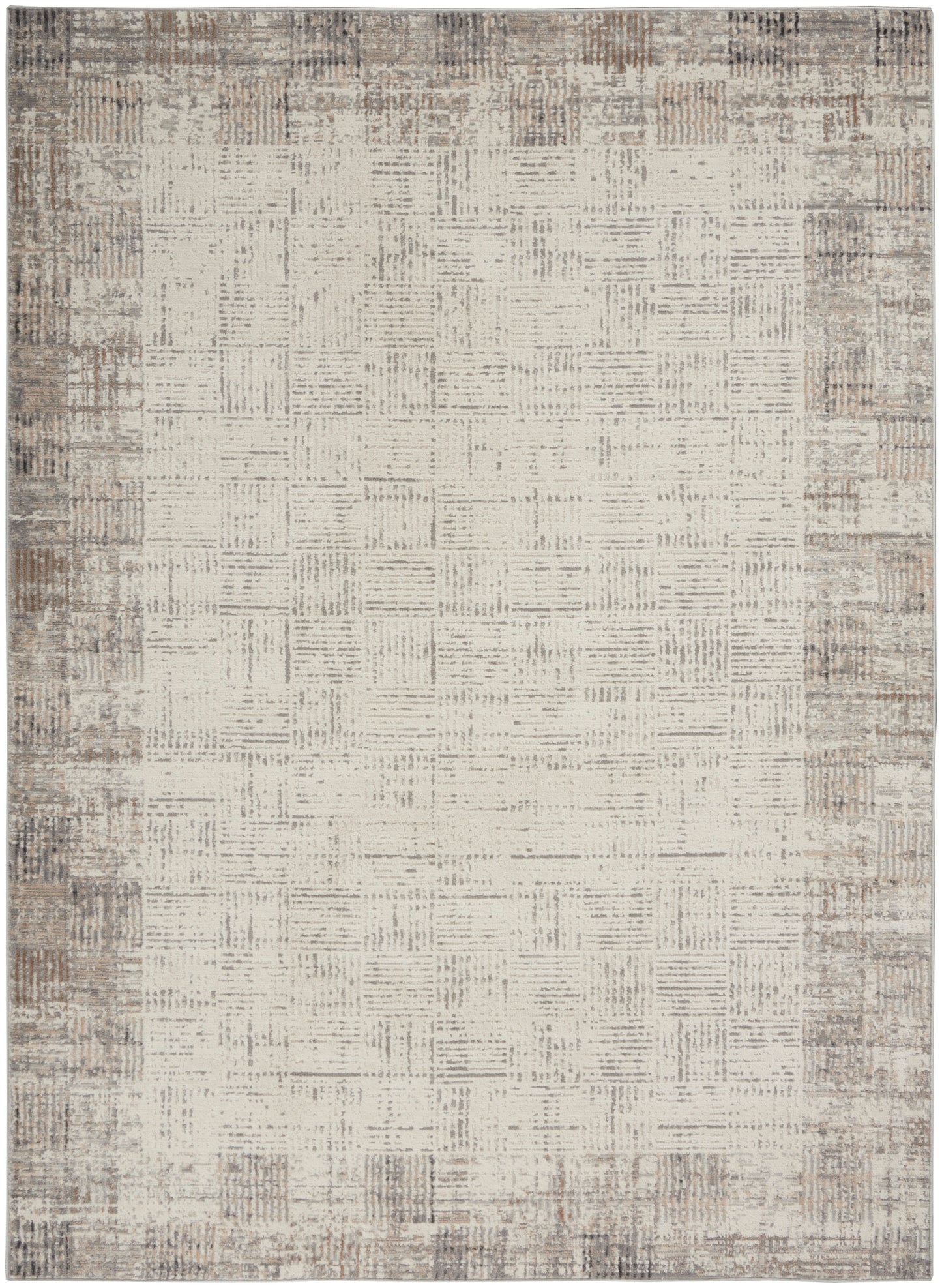 Rectangular beige area rug with a subtle textured grid pattern and a distressed taupe-brown border.
