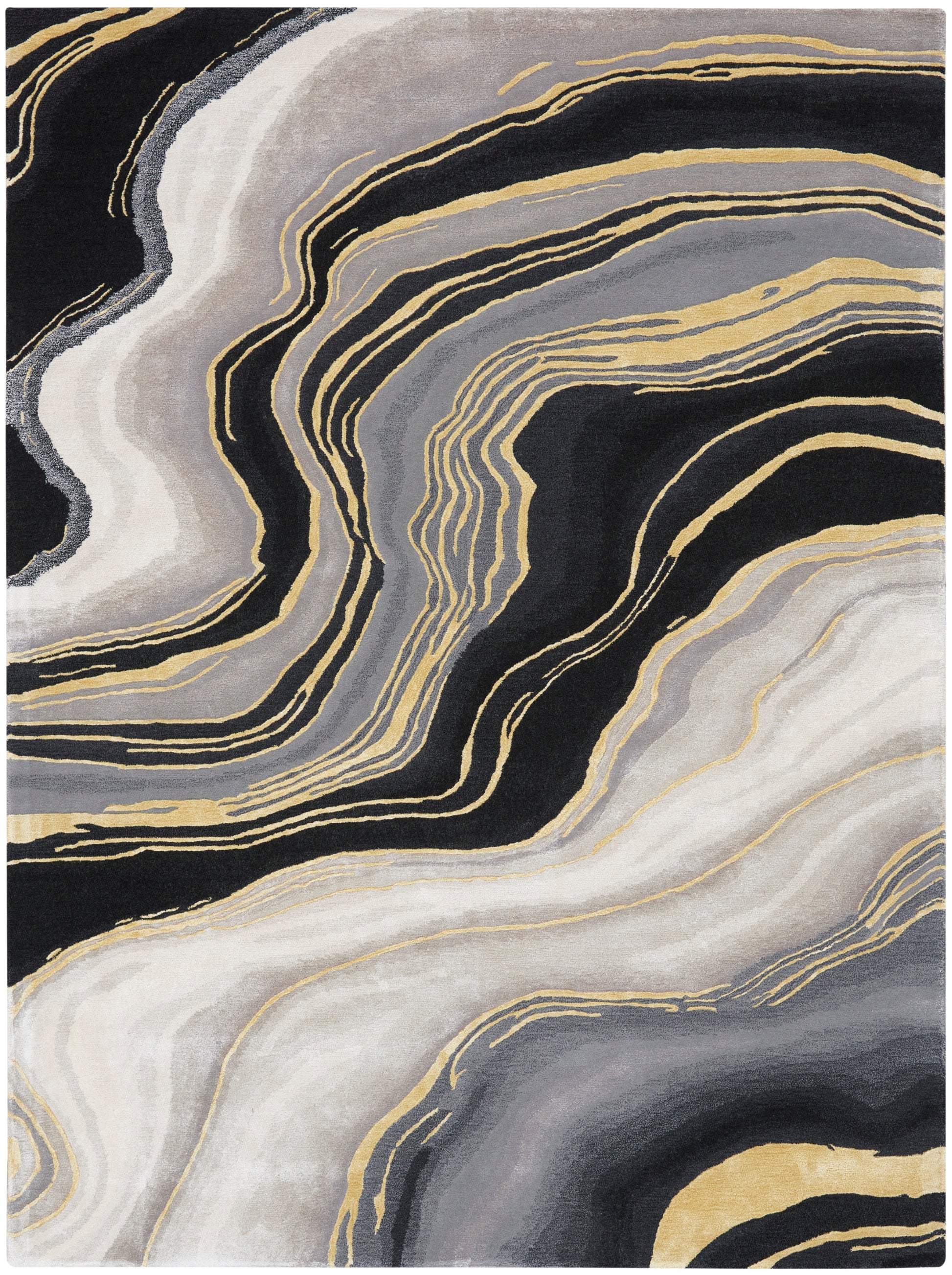 Abstract marbled area rug in black, gray, white with gold accents; flowing layered swirls for modern decor, 6' x 8'.