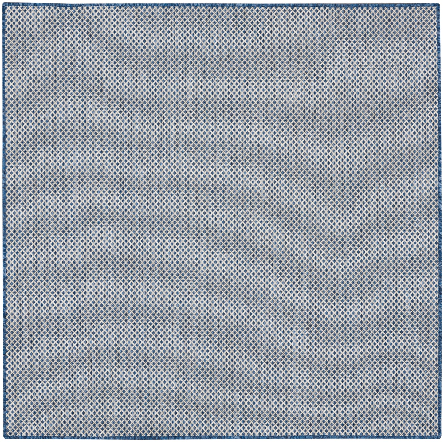 Blue and cream diamond lattice square flat-weave rug with a blue border.