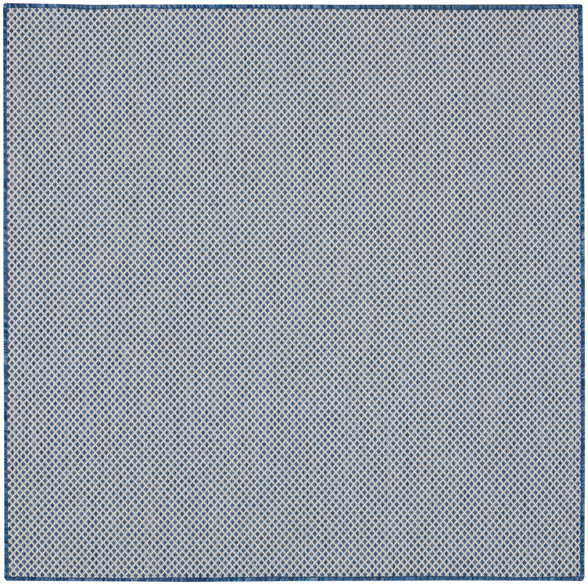 Blue and cream diamond lattice square flat-weave rug with a blue border.