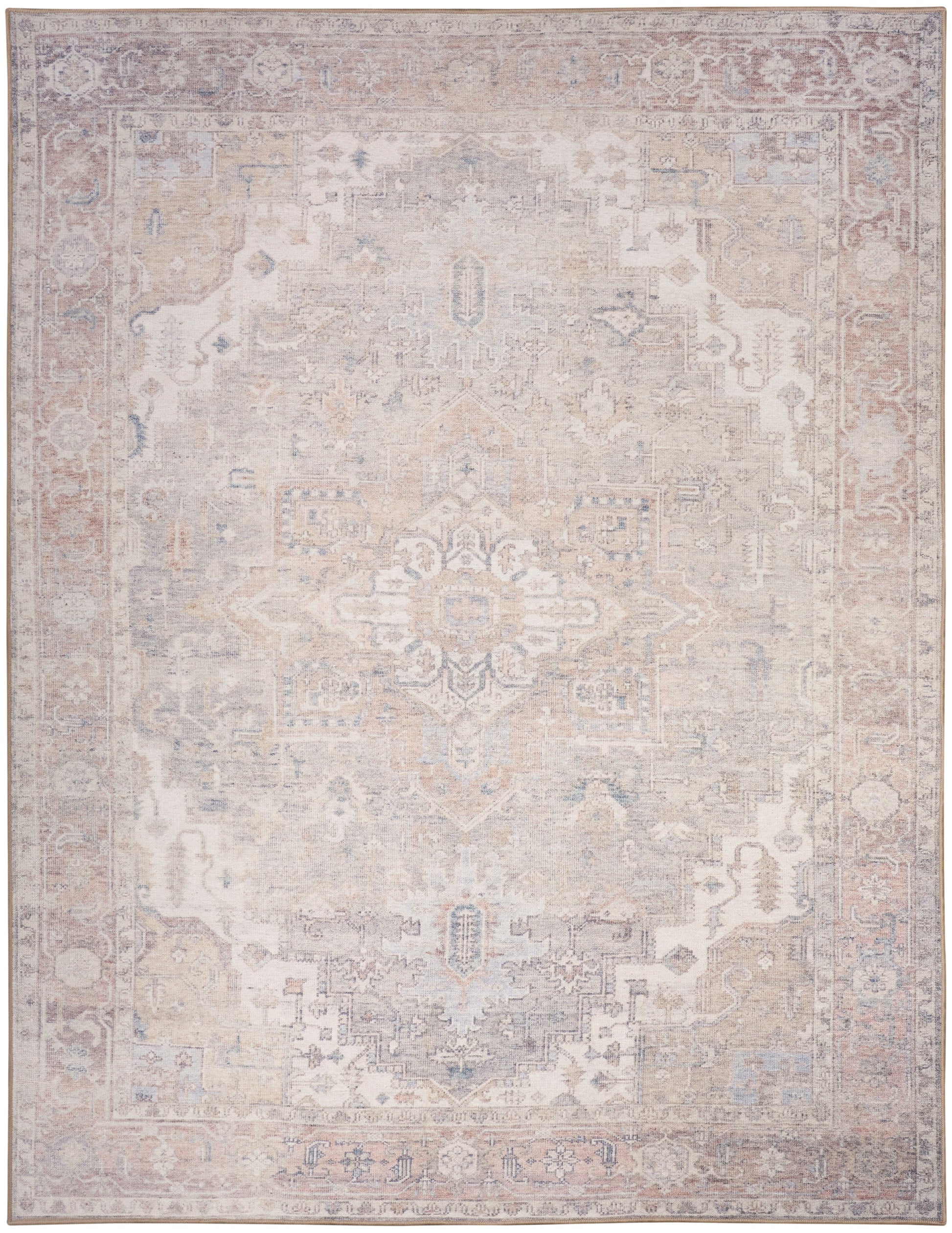 Rectangular woven rug in muted antique Persian style with ivory, blush pink, pale blue, and gray hues; softly distressed.