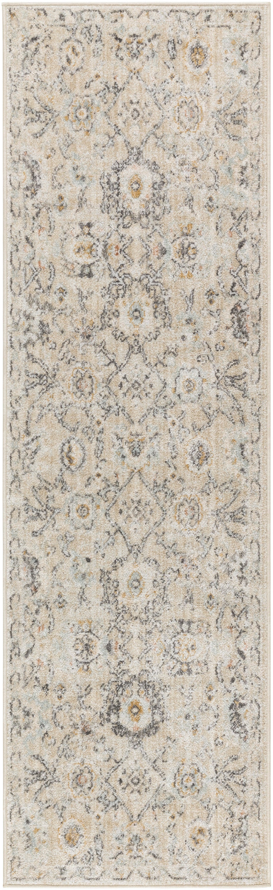 Beige distressed Oriental runner rug with muted blue-gray motifs and subtle yellow accents.