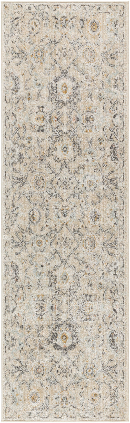 Beige distressed Oriental runner rug with muted blue-gray motifs and subtle yellow accents.