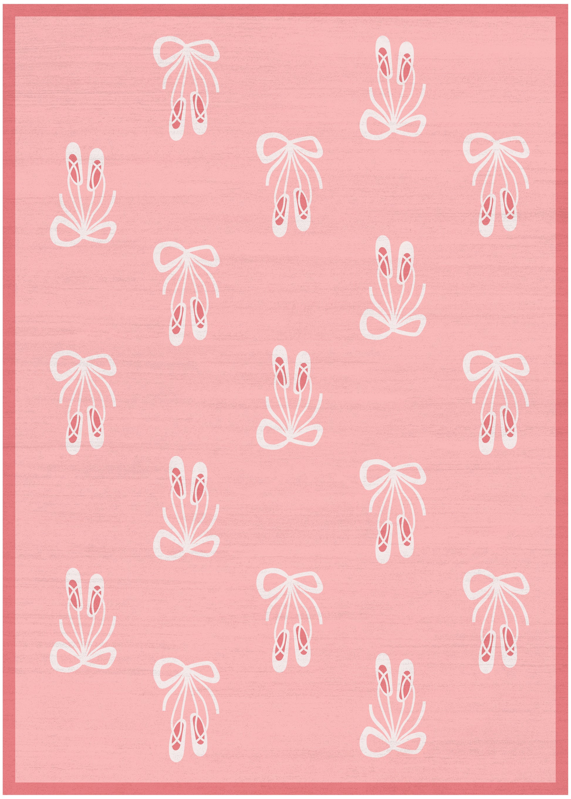 Soft pink background with repeating white ballet slipper and bow motifs, framed by a darker pink border.