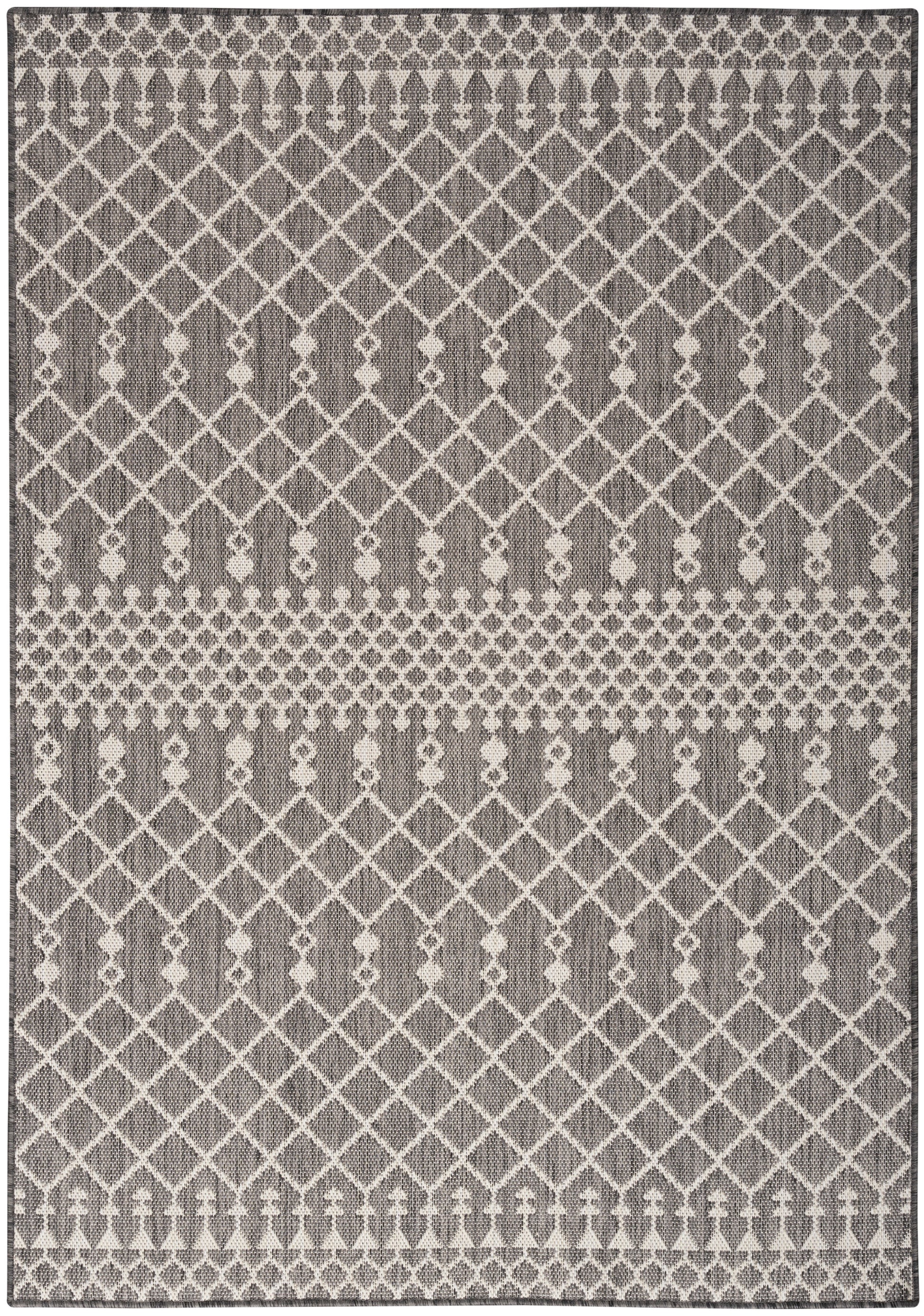 Rectangular grey woven rug with white lattice diamond pattern and beaded horizontal borders, modern geometric style.